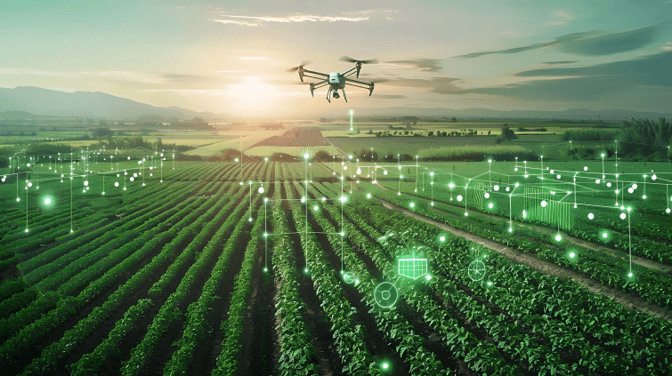 Hand holding a smartphone with a miniature farm and a drone flying above